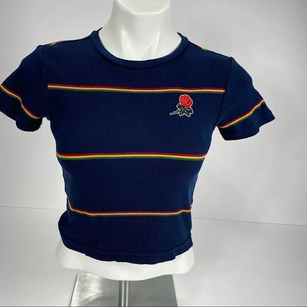 Mighty Fine Short Sleeve Crop Top Blue With Stripes M Juniors